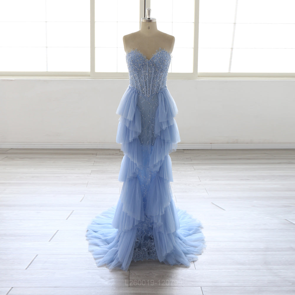 Light Blue Mermaid Evening Dress Women Strapless Beaded Lace Ruffled Tulle Long Prom Dress Formal Gown