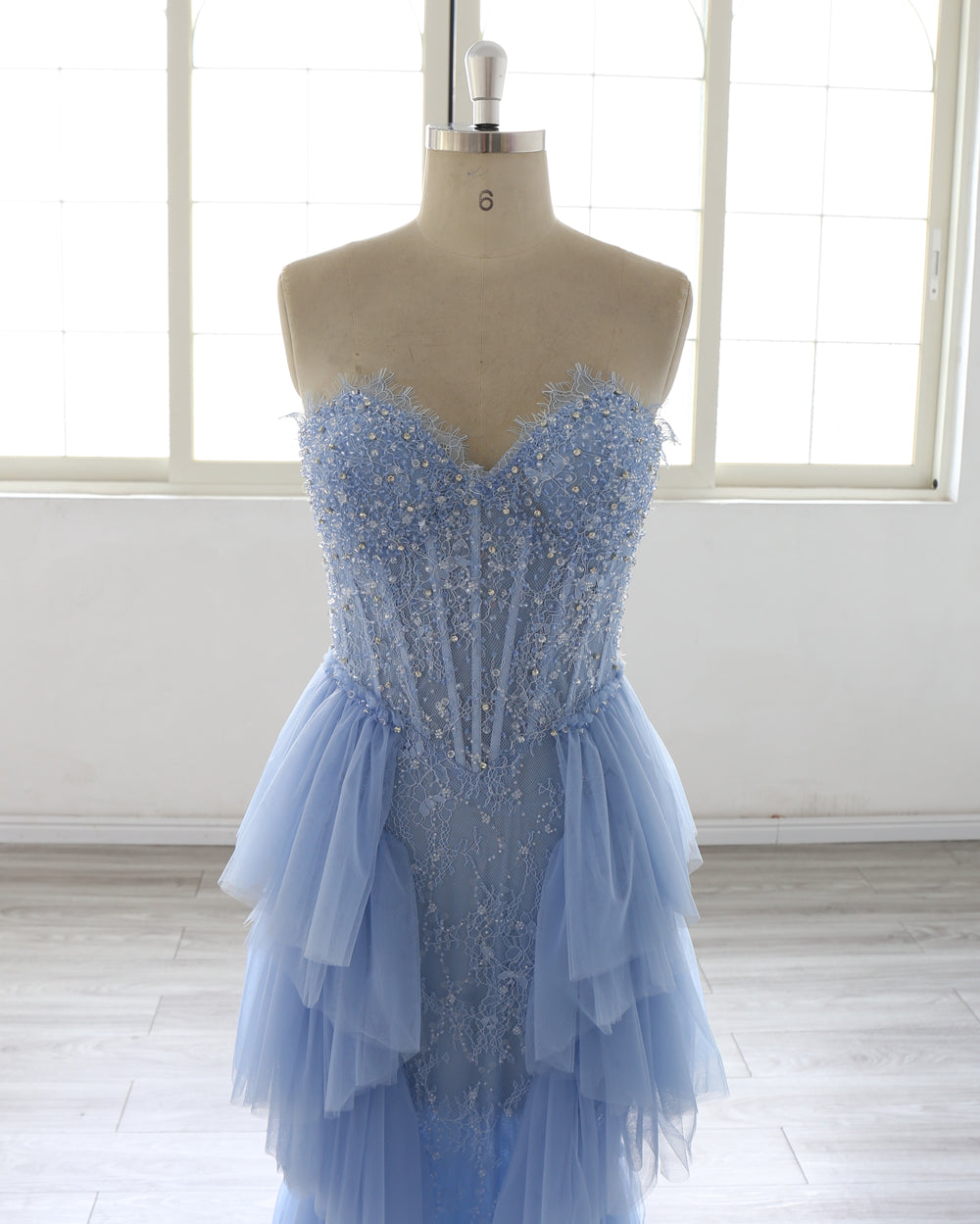 Light Blue Mermaid Evening Dress Women Strapless Beaded Lace Ruffled Tulle Long Prom Dress Formal Gown