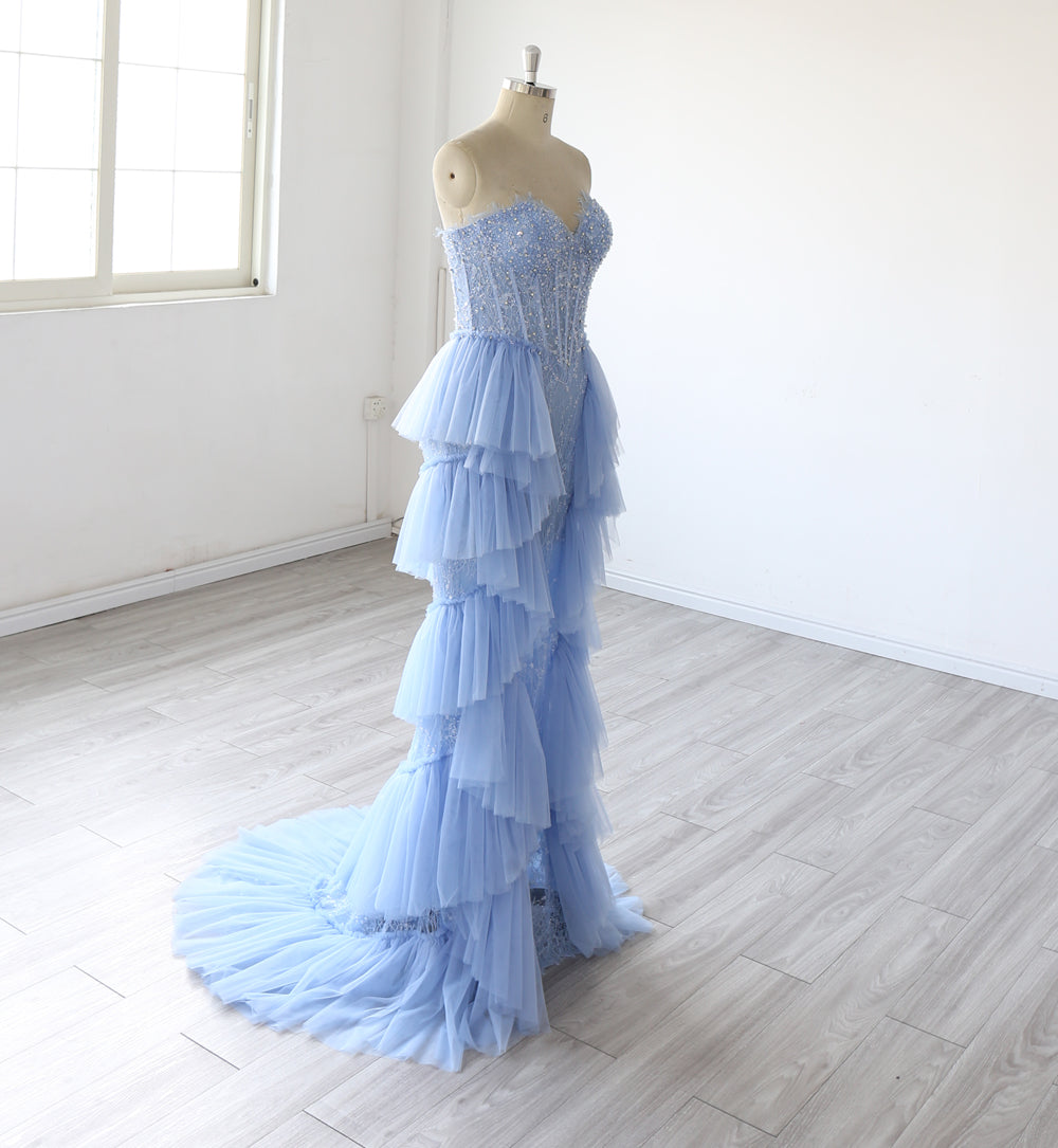 Light Blue Mermaid Evening Dress Women Strapless Beaded Lace Ruffled Tulle Long Prom Dress Formal Gown