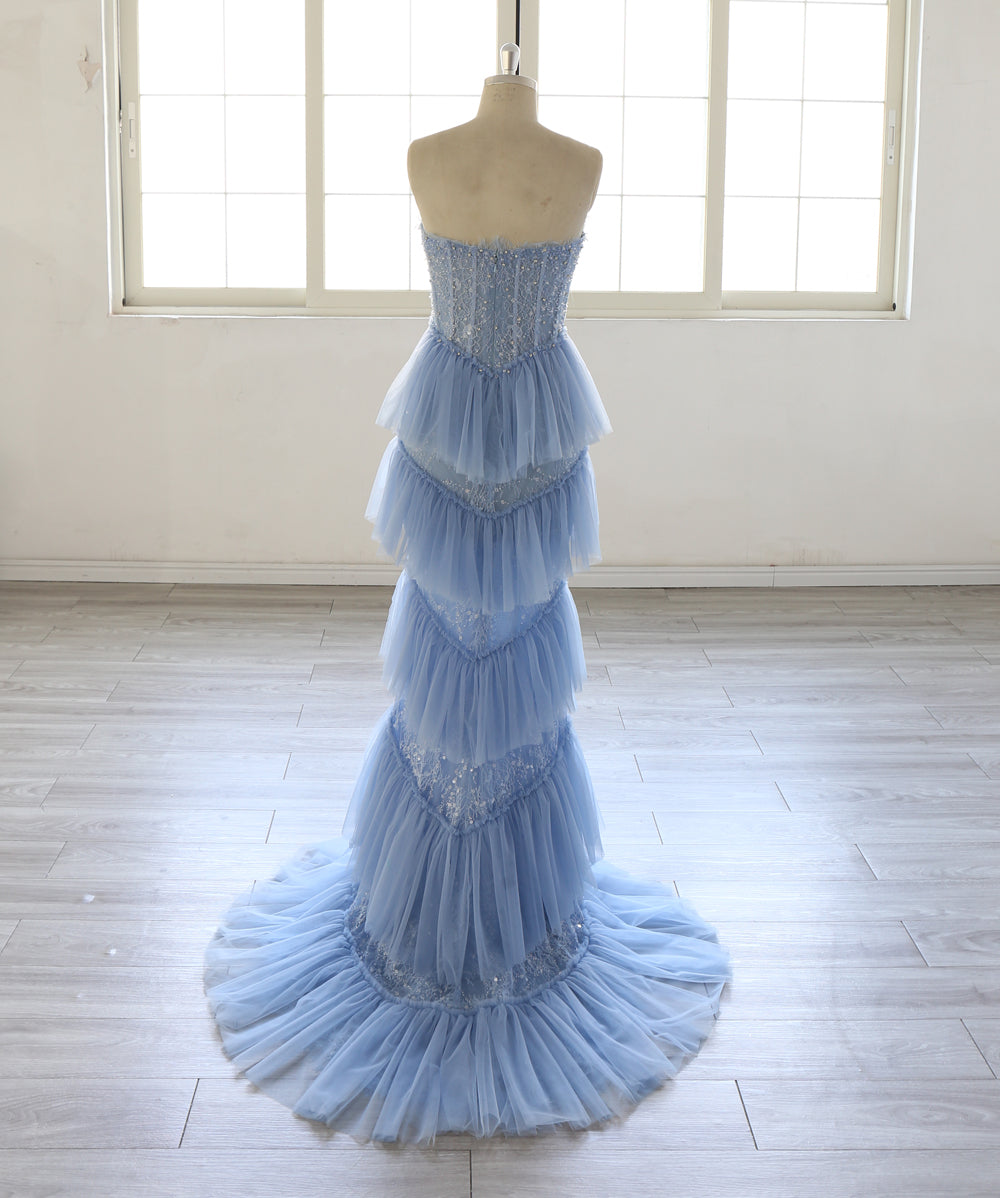 Light Blue Mermaid Evening Dress Women Strapless Beaded Lace Ruffled Tulle Long Prom Dress Formal Gown