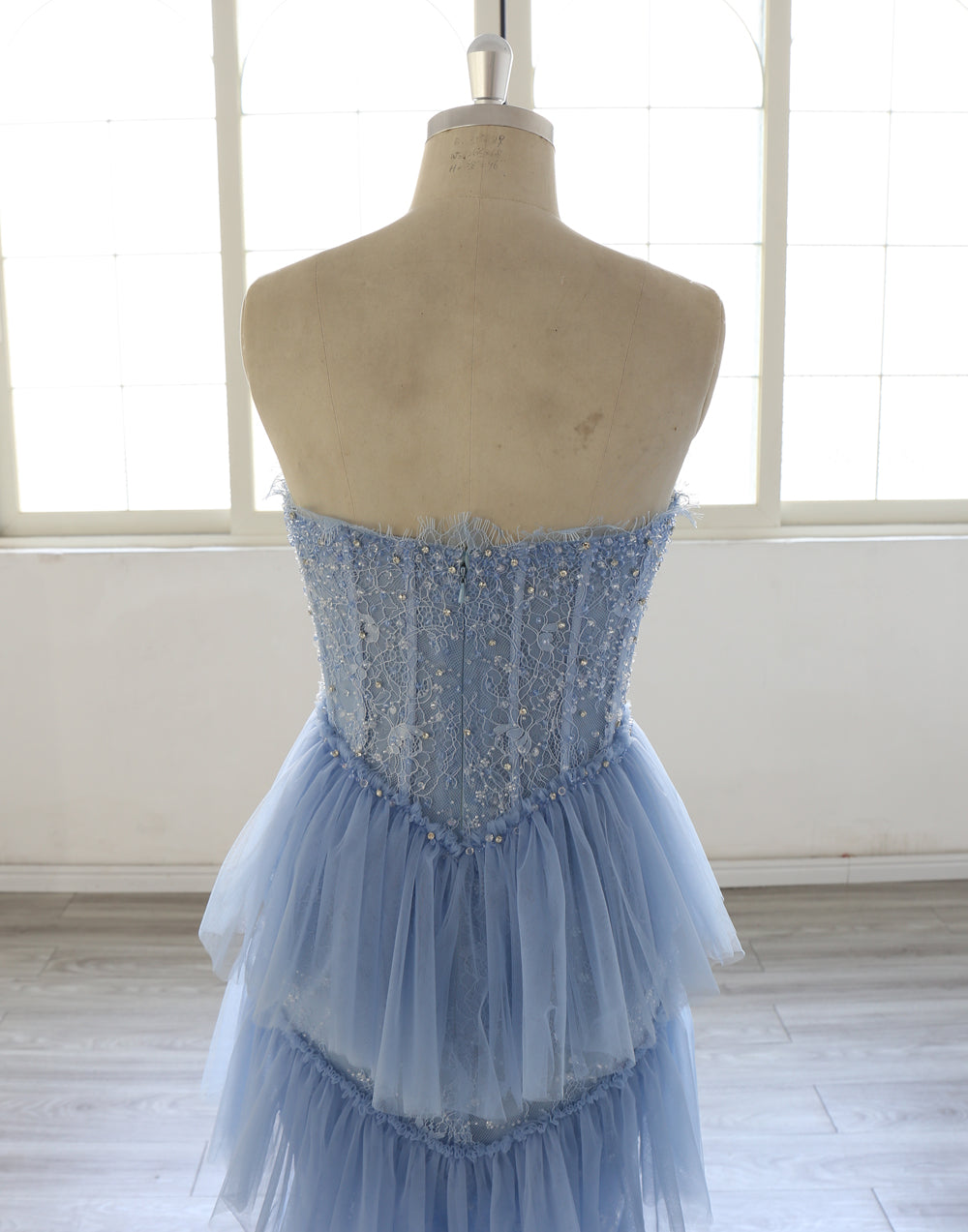 Light Blue Mermaid Evening Dress Women Strapless Beaded Lace Ruffled Tulle Long Prom Dress Formal Gown