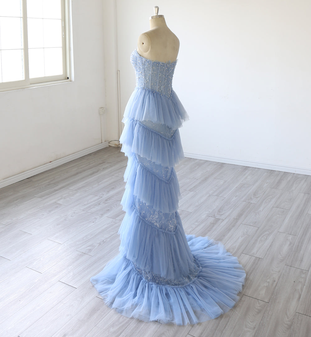 Light Blue Mermaid Evening Dress Women Strapless Beaded Lace Ruffled Tulle Long Prom Dress Formal Gown