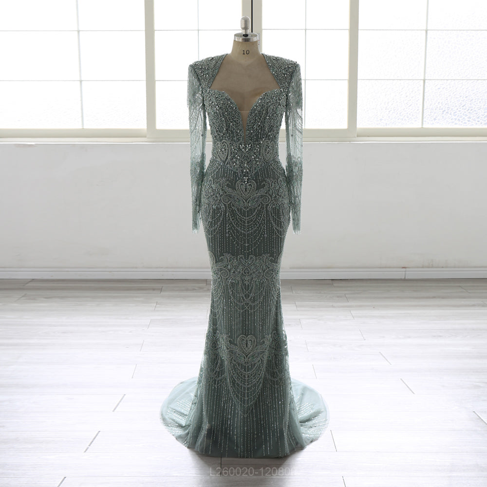 Elegant Embellished Mermaid Evening Gown – Long Sleeve Illusion Neckline Formal Dress