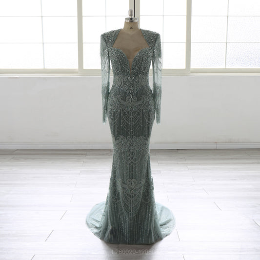 Elegant Embellished Mermaid Evening Gown – Long Sleeve Illusion Neckline Formal Dress