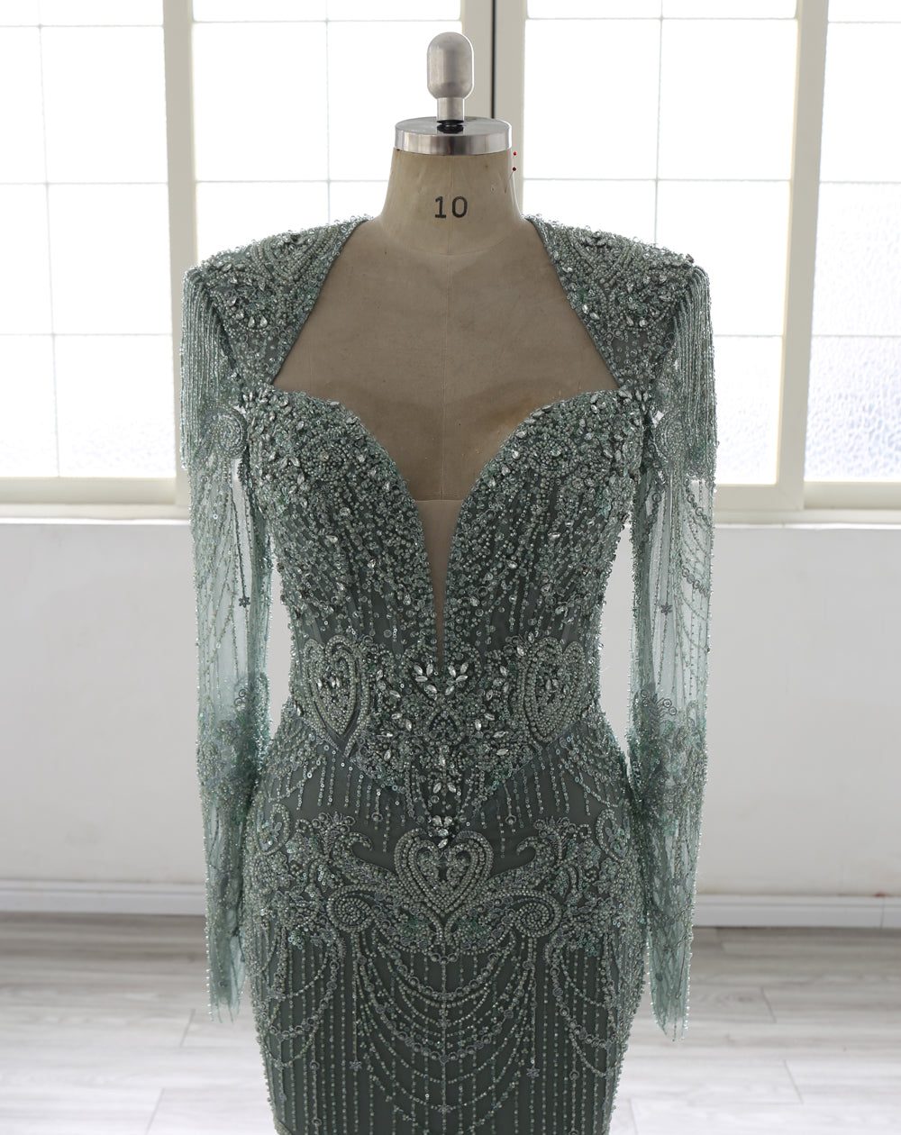 Elegant Embellished Mermaid Evening Gown – Long Sleeve Illusion Neckline Formal Dress