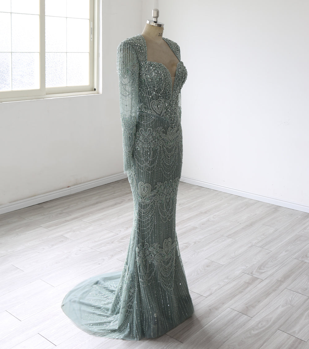 Elegant Embellished Mermaid Evening Gown – Long Sleeve Illusion Neckline Formal Dress