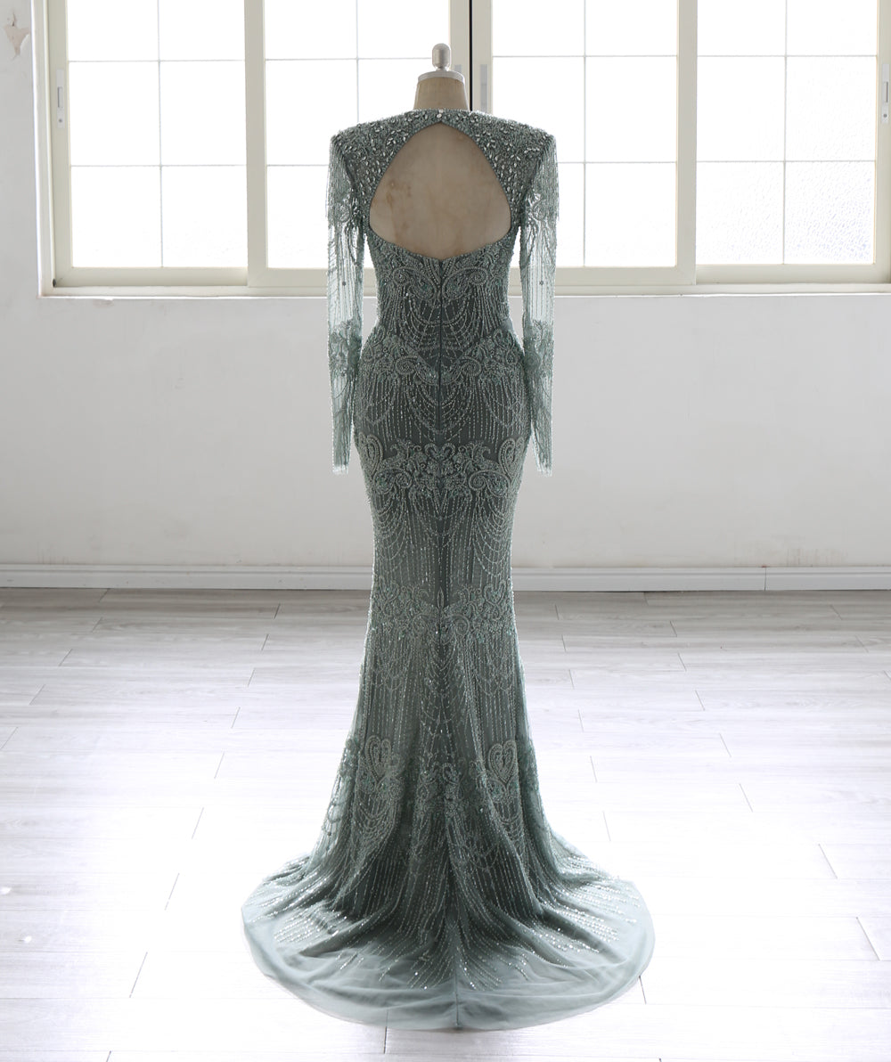 Elegant Embellished Mermaid Evening Gown – Long Sleeve Illusion Neckline Formal Dress