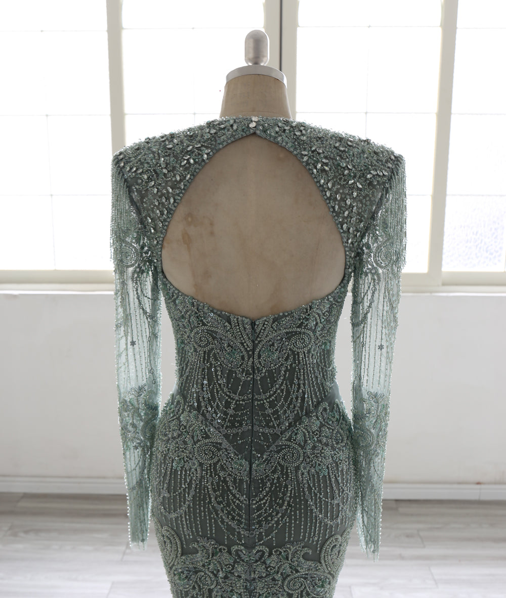 Elegant Embellished Mermaid Evening Gown – Long Sleeve Illusion Neckline Formal Dress