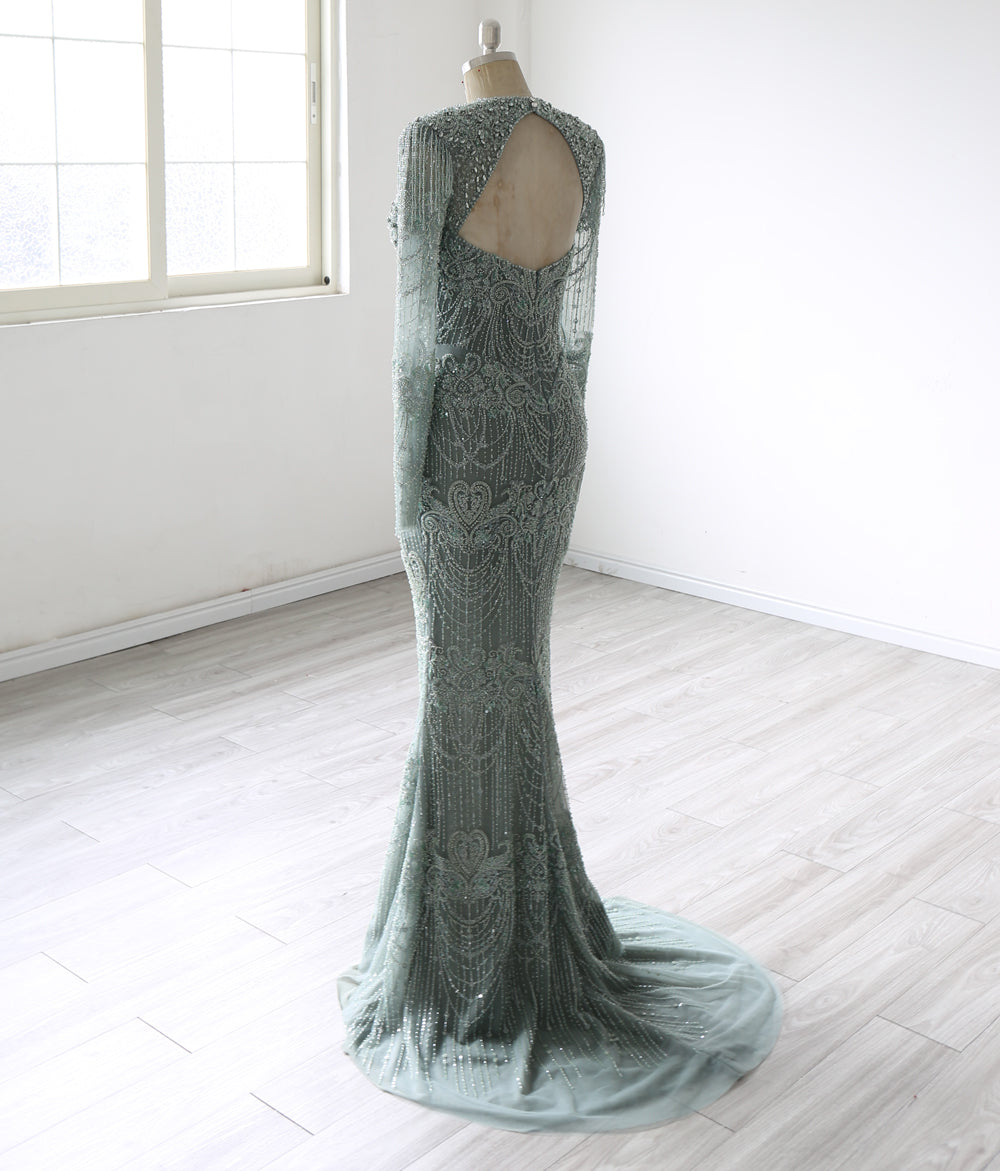Elegant Embellished Mermaid Evening Gown – Long Sleeve Illusion Neckline Formal Dress