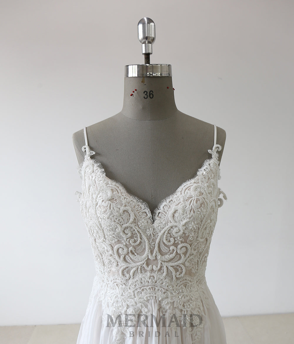 Backless heavy beading chiffon boho wedding dress