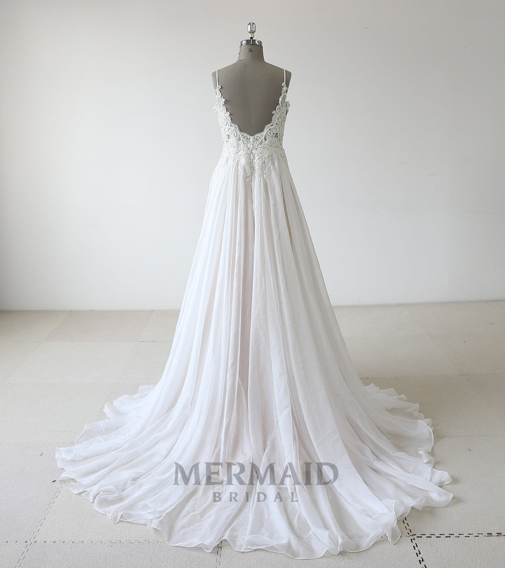 Backless heavy beading chiffon boho wedding dress