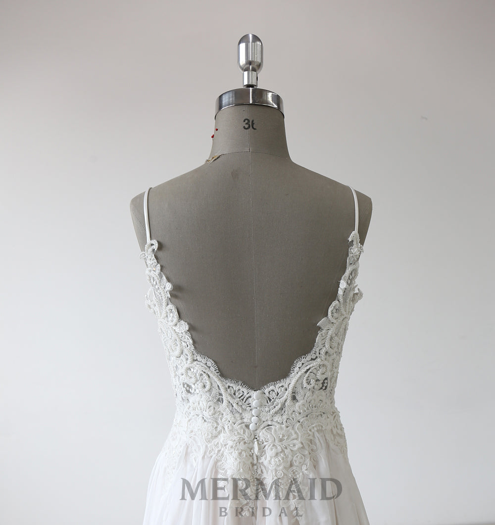 Backless heavy beading chiffon boho wedding dress