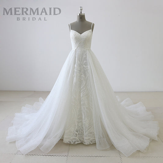 New spaghetti straps bling mermaid wedding dress with detachable train