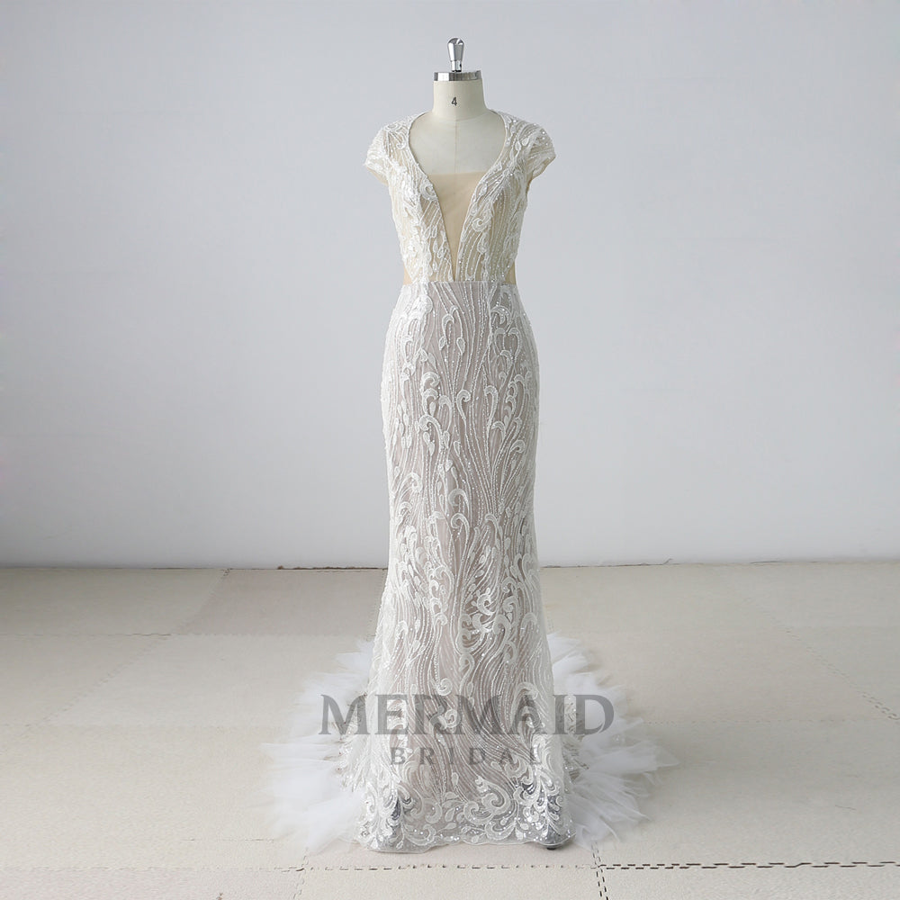 Backless Cap Sleeves  Beading Mermaid Wedding Dress