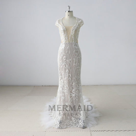 Backless Cap Sleeves  Beading Mermaid Wedding Dress