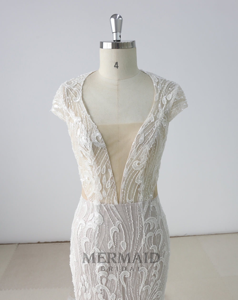 Backless Cap Sleeves  Beading Mermaid Wedding Dress