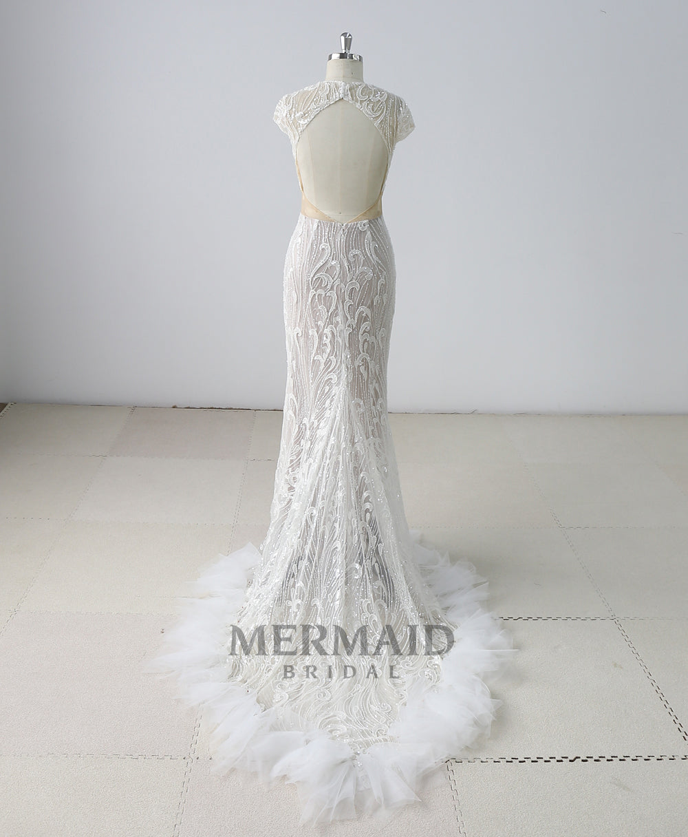Backless Cap Sleeves  Beading Mermaid Wedding Dress