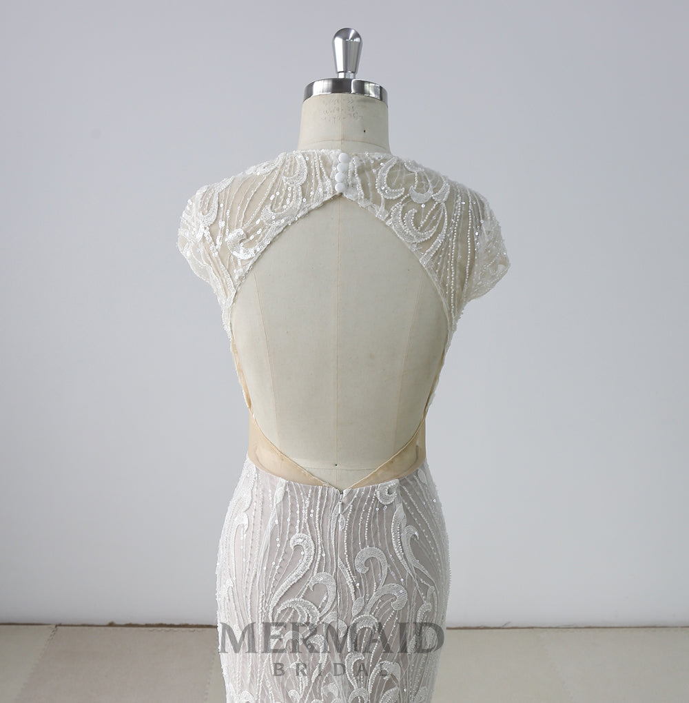 Backless Cap Sleeves  Beading Mermaid Wedding Dress