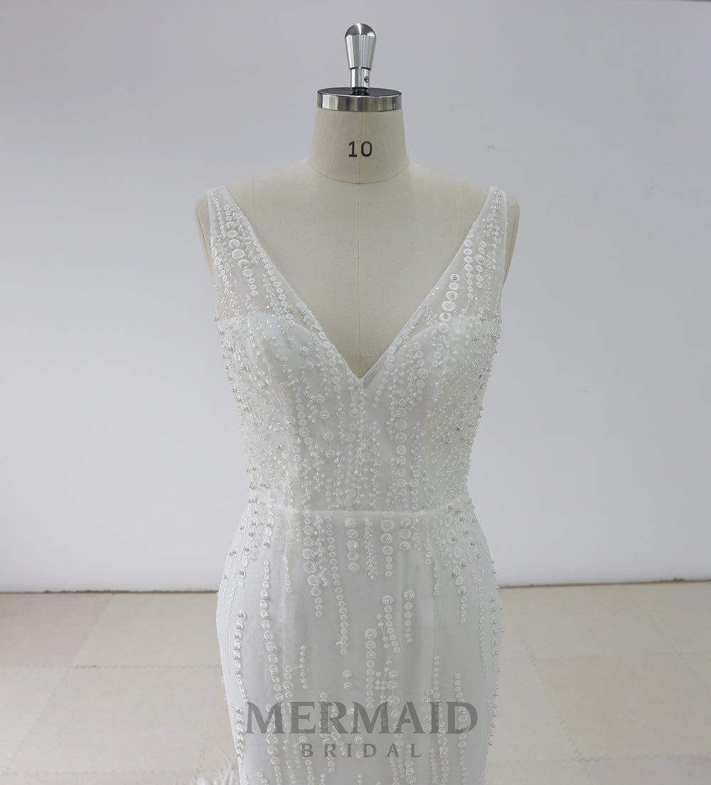 Luxury Backless  Heavy Beaded Mermaid Feather Wedding Dress