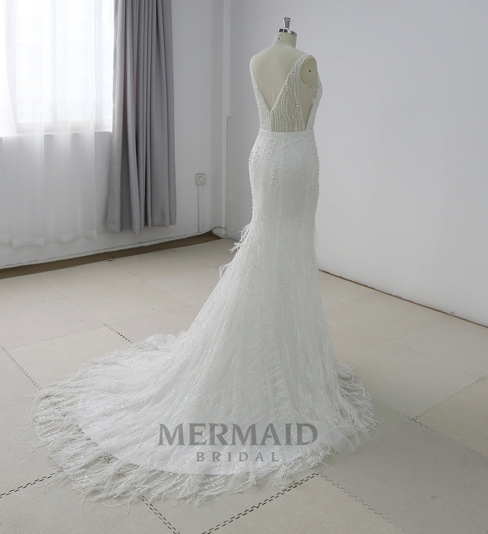 Luxury Backless  Heavy Beaded Mermaid Feather Wedding Dress