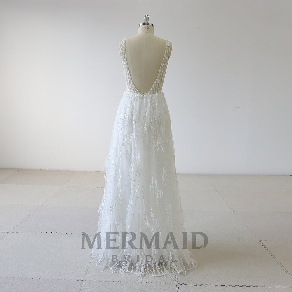 Sexy V Neck Beaded Ostrich Feather Wedding Dress With Split