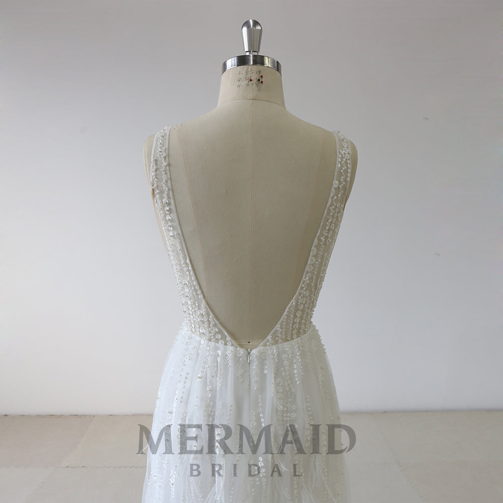 Sexy V Neck Beaded Ostrich Feather Wedding Dress With Split