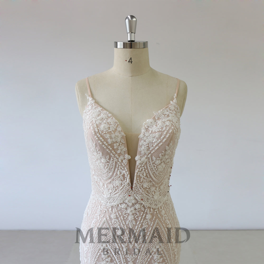 New Lace Spaghetti Heavy Beaded  Mermaid Wedding Dress