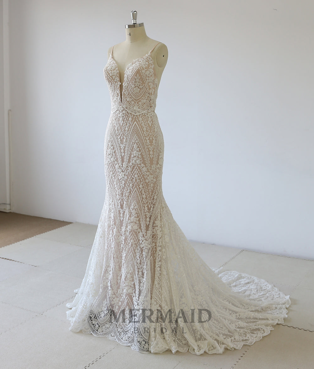 New Lace Spaghetti Heavy Beaded  Mermaid Wedding Dress