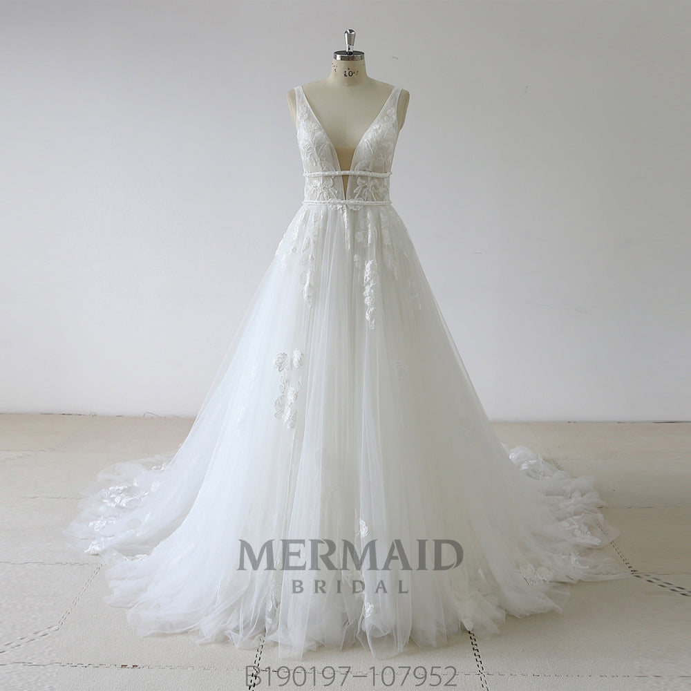 Backless A Line Beaded Lace Wedding Dress