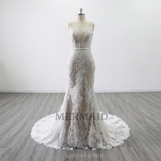 Spaghetti Straps Beaded Lace Wedding Dress