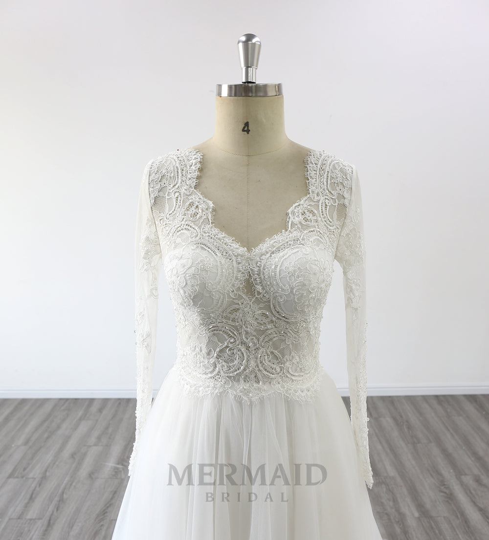 Long Sleeves Backless Beaded Bohemian Wedding Dress