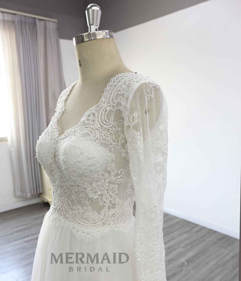 Long Sleeves Backless Beaded Bohemian Wedding Dress