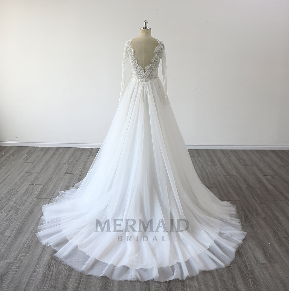 Long Sleeves Backless Beaded Bohemian Wedding Dress