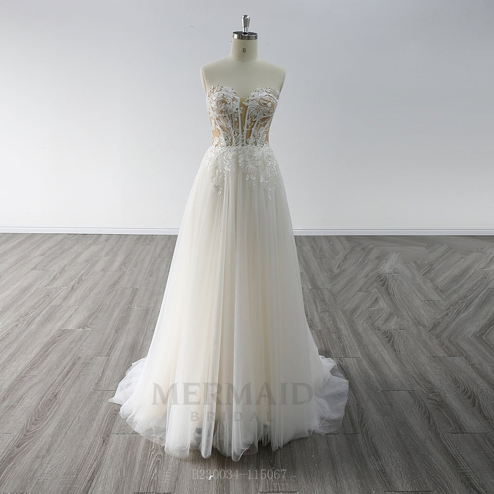 Backless Sweetheart Floor Length Wedding Gown Boho  Beach Wedding Dress Bohemian With Slit