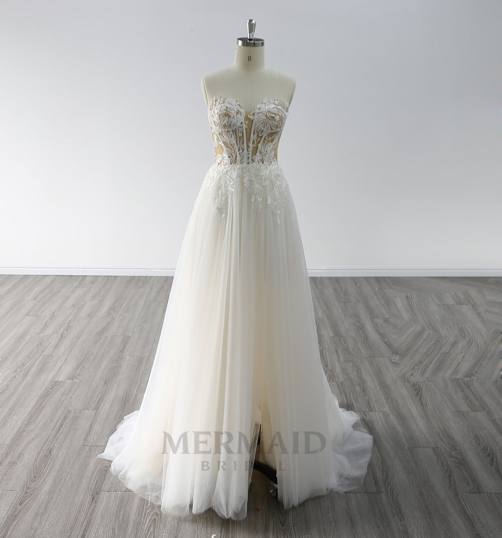 Backless Sweetheart Floor Length Wedding Gown Boho  Beach Wedding Dress Bohemian With Slit