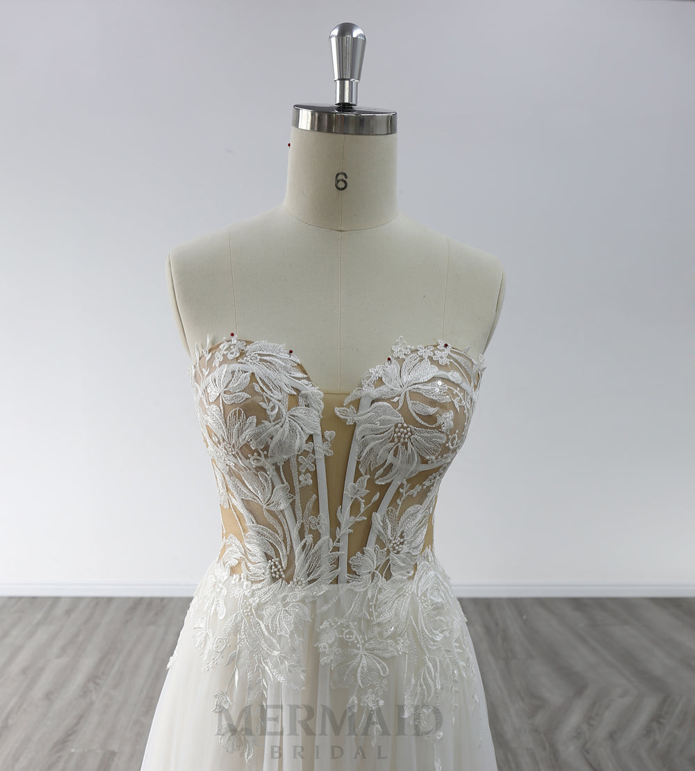 Backless Sweetheart Floor Length Wedding Gown Boho  Beach Wedding Dress Bohemian With Slit