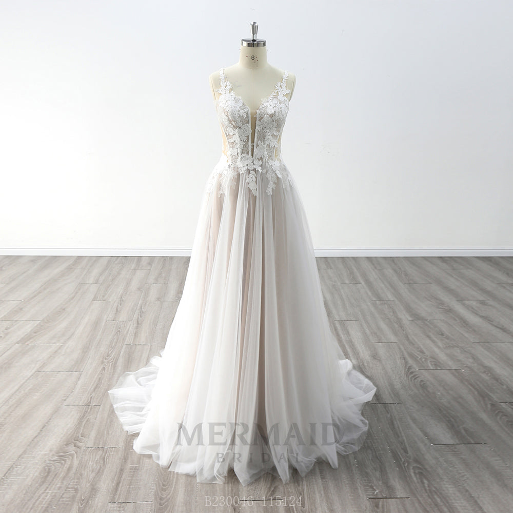 Sexy V Neck Floor Length Lace Outdoor Bohemian Wedding Dress