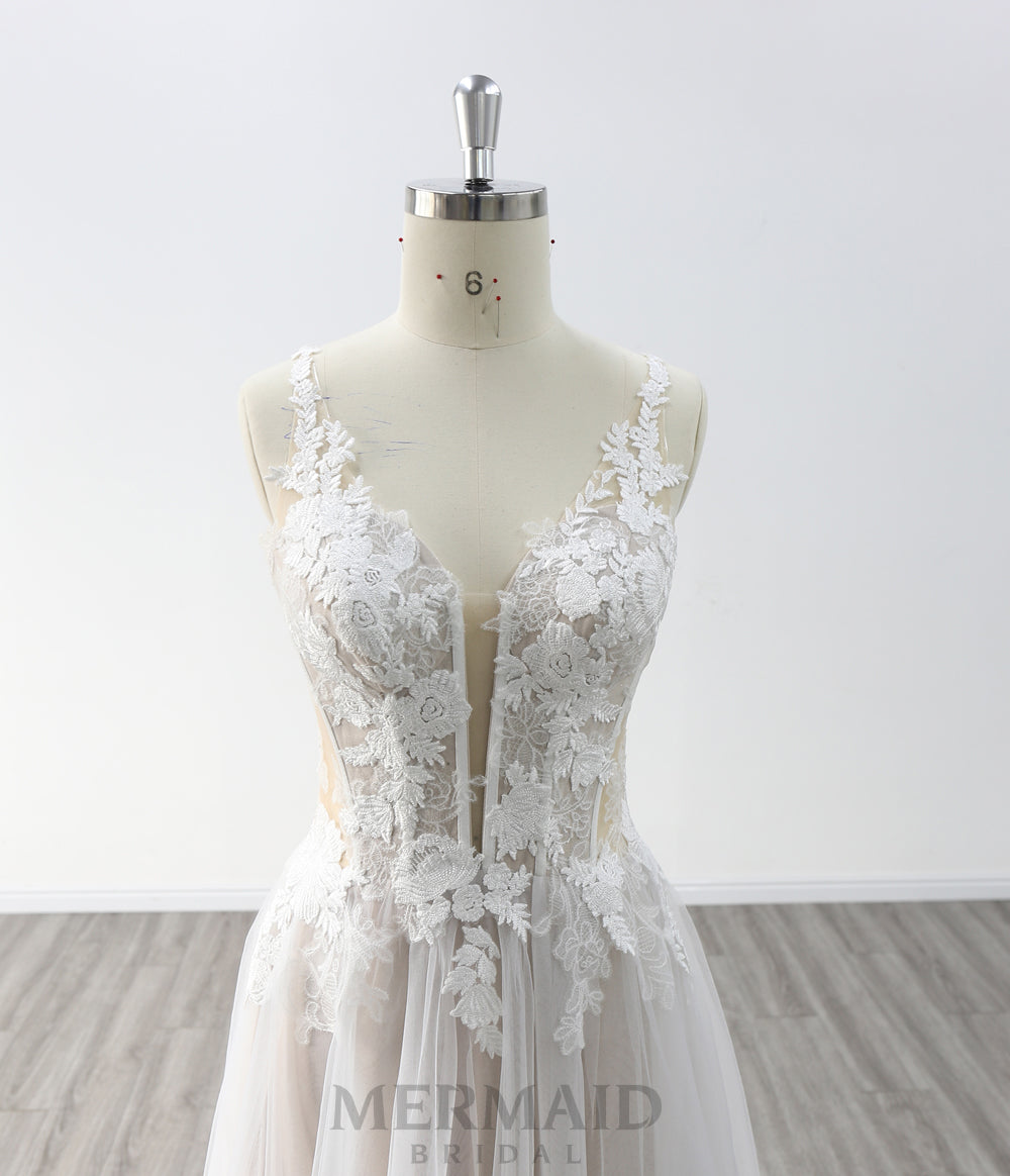 Sexy V Neck Floor Length Lace Outdoor Bohemian Wedding Dress