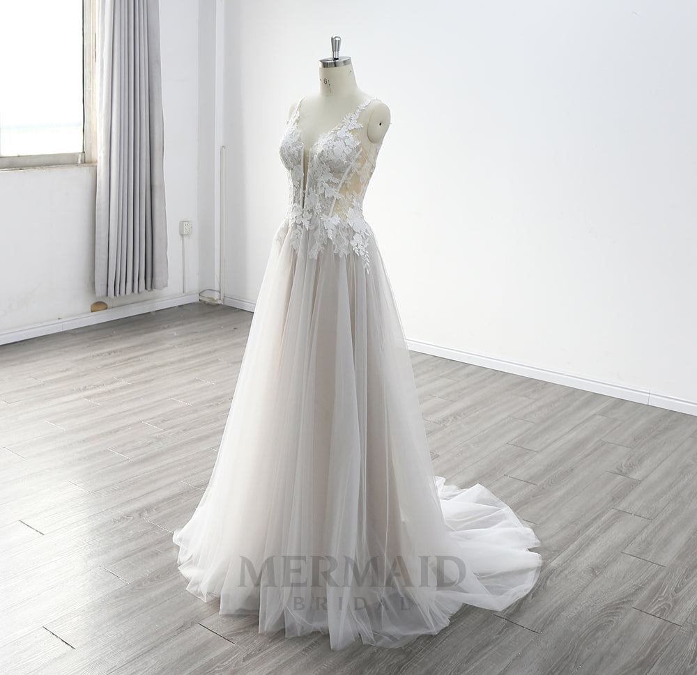 Sexy V Neck Floor Length Lace Outdoor Bohemian Wedding Dress