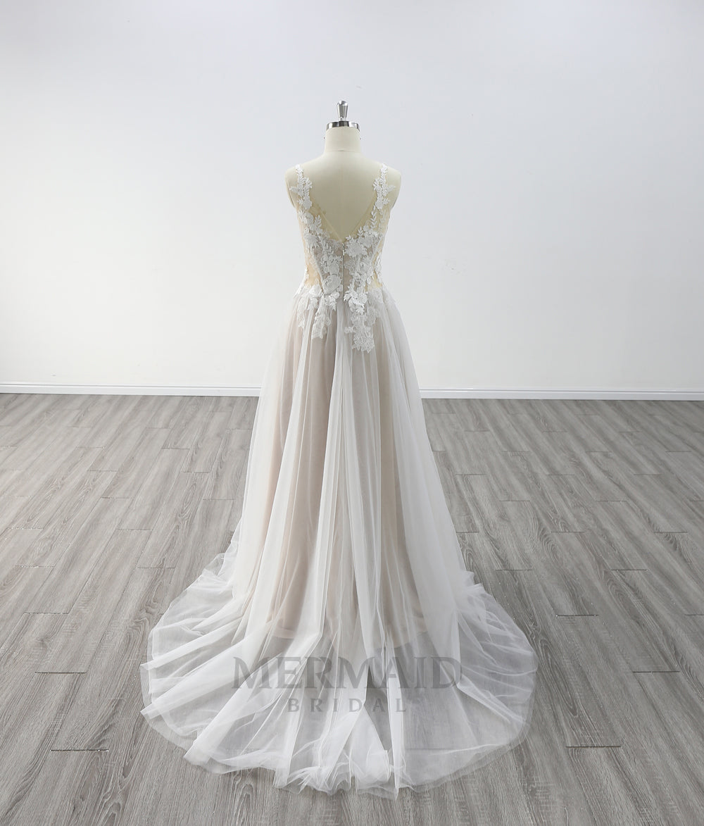 Sexy V Neck Floor Length Lace Outdoor Bohemian Wedding Dress