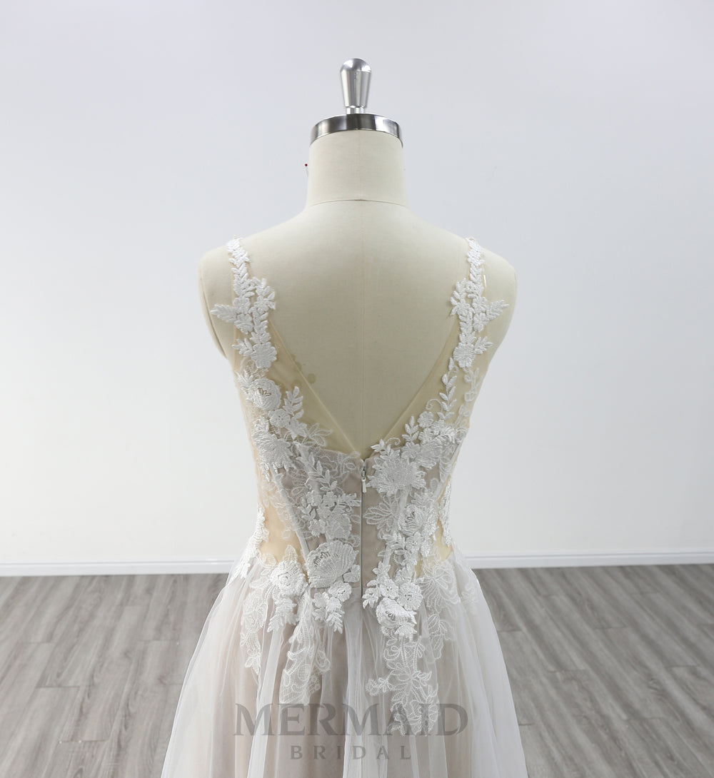 Sexy V Neck Floor Length Lace Outdoor Bohemian Wedding Dress