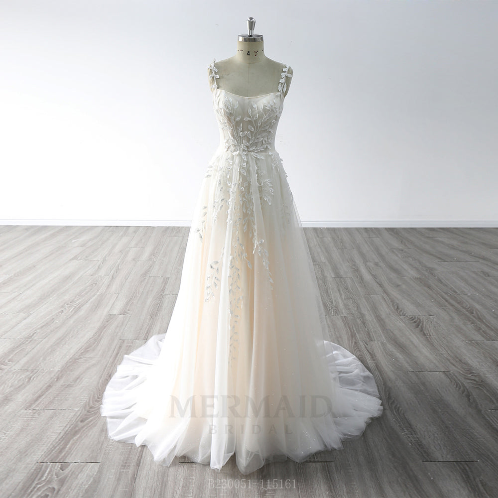 Spaghetti Straps Boat Neck Court Train Boho Beach Wedding Dress 2023